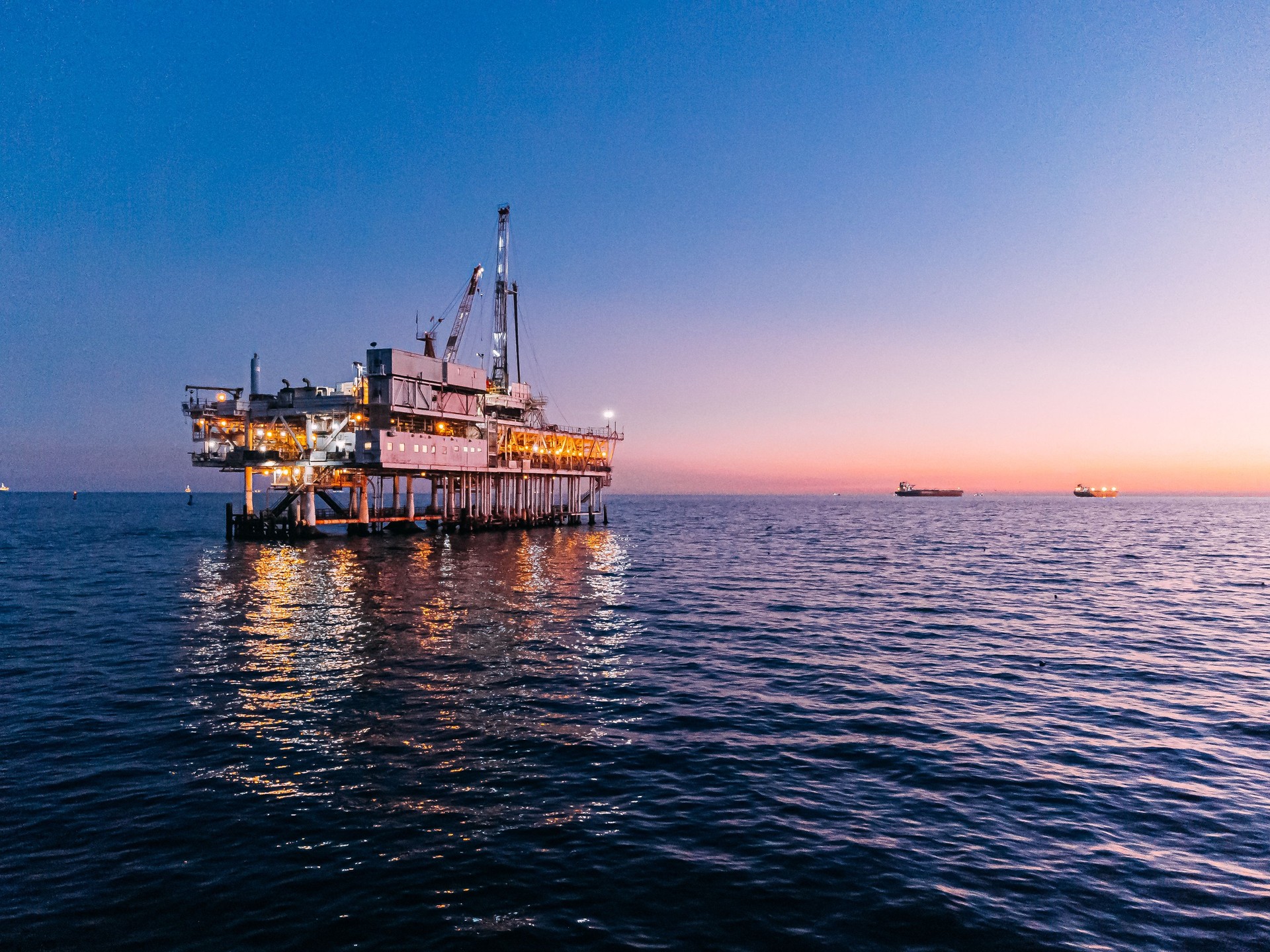 Offshore Oil Drilling Rig at Dusk near Huntington Beach with Copy Space